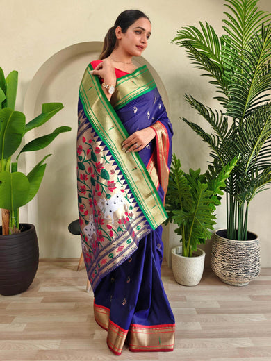 Impressive Blue Paithani Silk Floral Weaving Saree With Blouse